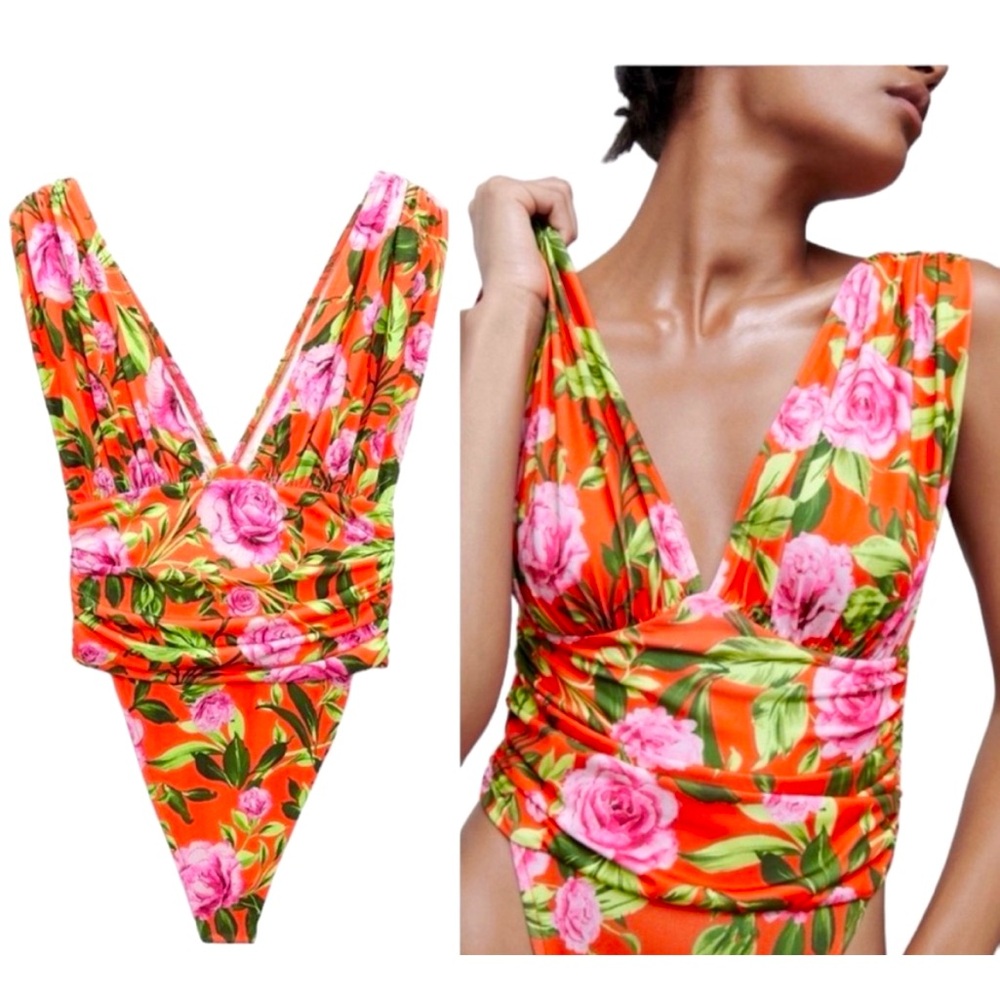 Zara Orange Floral Tropical Bodysuit